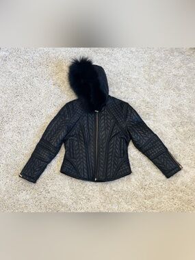 Oscar Kids Luxe Black Quilted 100% Leather Biker Moto Jacket Fur Trim Hood Sz 3